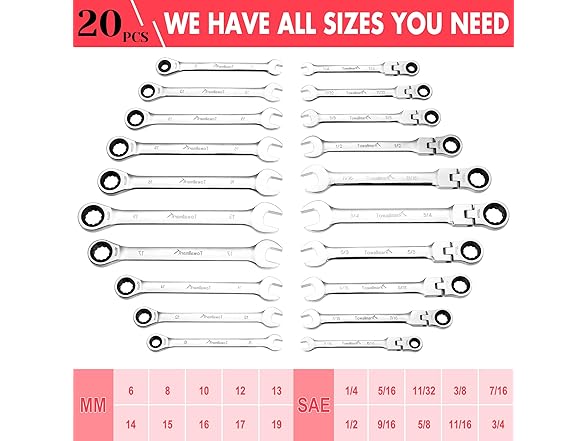 Towallmark Ratcheting Wrench Set 20pc