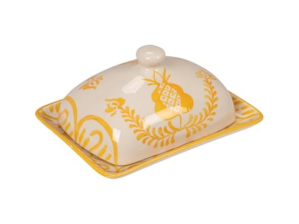 Creative Co-Op Stoneware Butter Dish with Botanical Design, Yellow and White