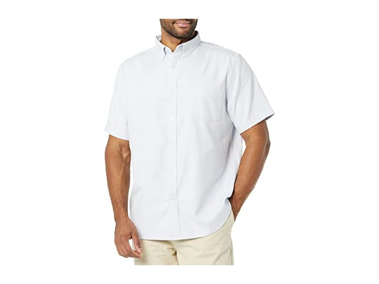 Amazon Essentials Men's Slim-Fit Short Sleeve Stretch Oxford Shirt with Pocket, Powder Blue Vertical Stripe, Large