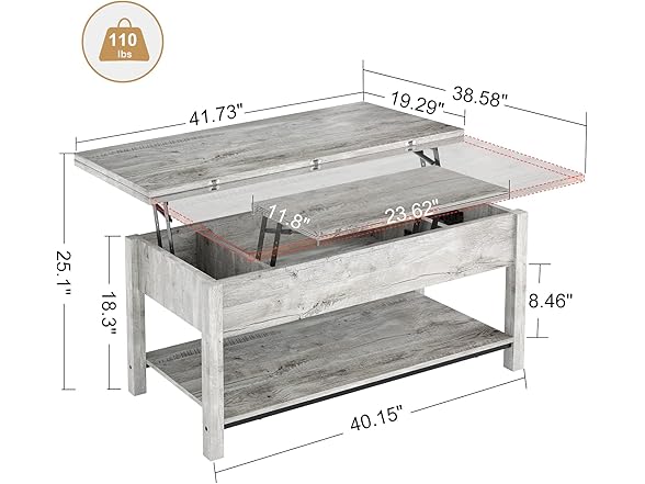 FABATO 4-in-1 Lift Top Coffee Table Grey