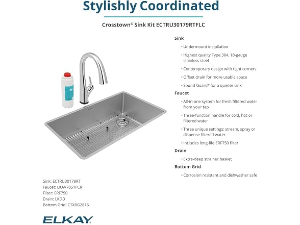 Elkay Crosstown SS 31" Sink Kit w Filtered Faucet