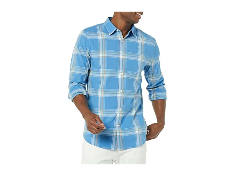 Amazon Essentials Men's Long-Sleeve Slim-Fit Stretch Poplin Shirt, Light Blue Orange Plaid, X-Small