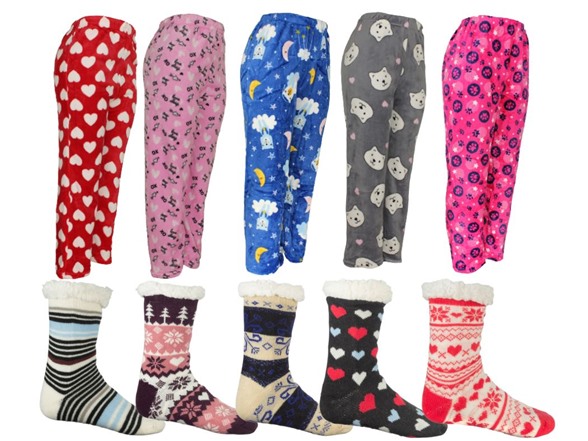 Victoria Collection (6-Pack) Women's Plush Pajama Pants & Sherpa Socks Bundle