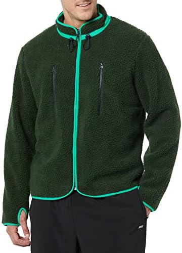 Amazon Essentials Men's Teddy Fleece Full-Zip Mock Neck Jacket with Chest Pockets, Dark Green, X-Large