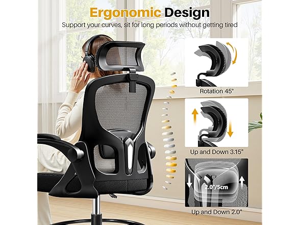 FINATI Drafting Chair, Tall Office Chair for Standing Desk, Ergonomic High Back with Headrest, Lumbar Support, Foot Ring and Flip-up Armrests, Black (Open Box)