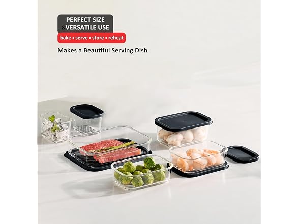 EATEX Grooved Base Glass Meal Prep Containers, 6 Pack Black