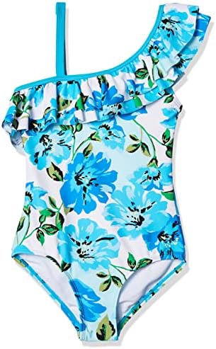 Kanu Surf Girls' Morgan Floral Ruffle 1-Shoulder 1-Piece Swimsuit, Flower Power Blue, 10