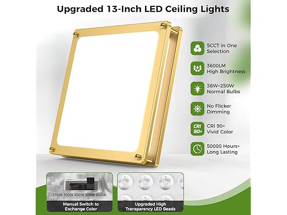 13 Inch Gold Square LED Ceiling Lights