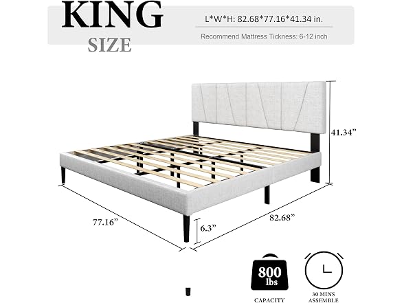 Bed Frame, Fabric Upholstered Headboard