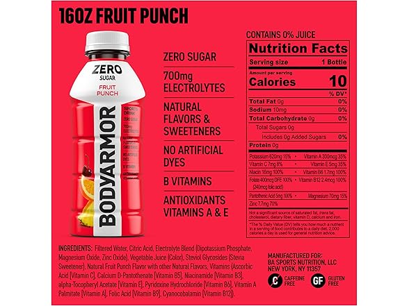 12Pk BODYARMOR ZERO Sugar Fruit Punch Electrolyte Drink