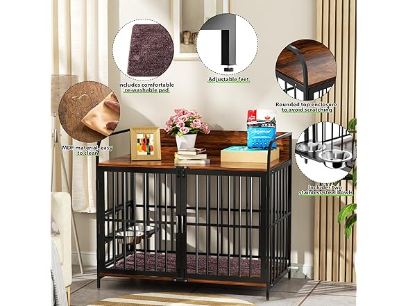 Large Dog Crate End Table with Bowls