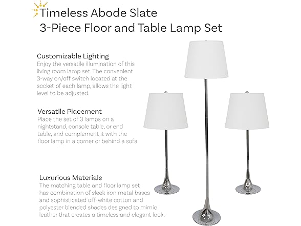 Sunnydaze Modern Splendor 3-Piece Floor and Table Lamp Set
