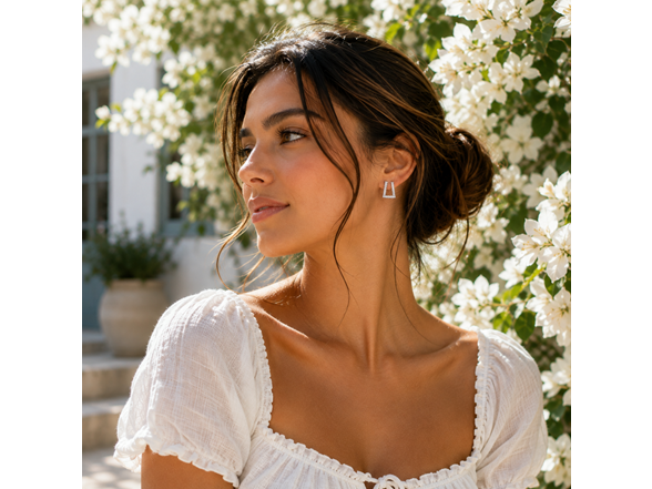 Silver V Shape CZ Stud Earrings