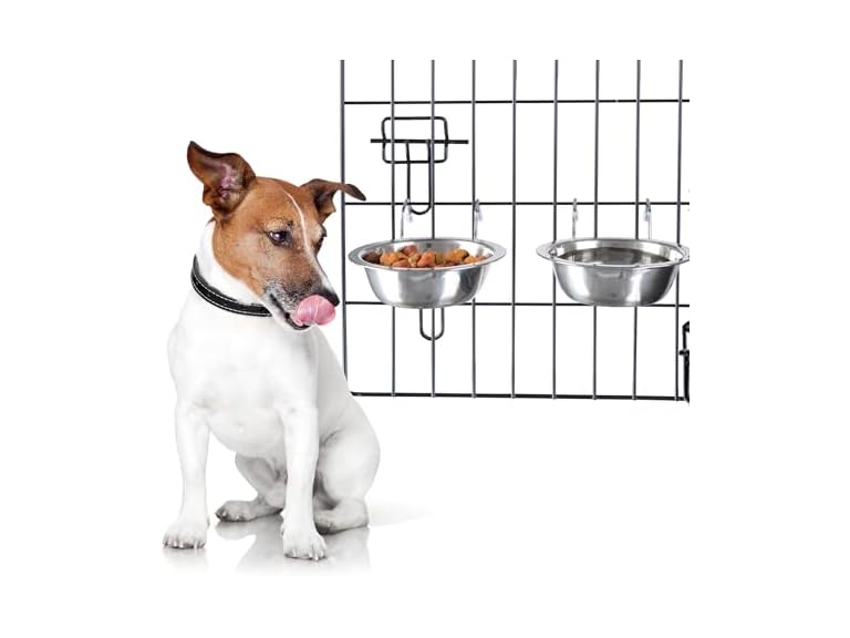 Set of 2 Stainless-Steel Dog Bowls - Cage, Kennel, and Crate Hanging Pet Bowls for Food and Water - 8oz Each and Dishwasher Safe by PETMAKER, Silver