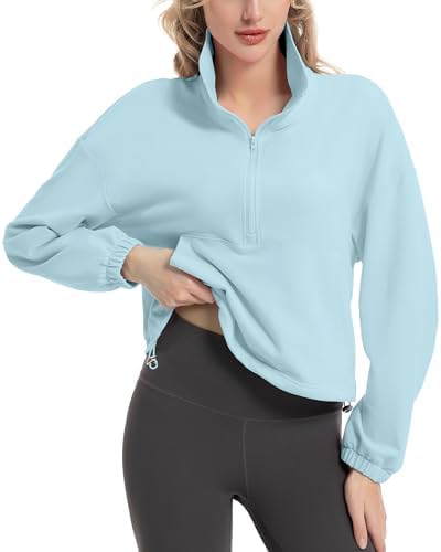 FKEEP Quarter Zip Pullover Women Cropped Sweatshirt Long Sleeve Crop Top Stand Collar Drawstring Casual Pullover zSky Blue M