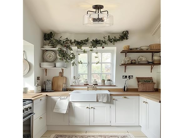 LALUZ Faux Wood Ring Ceiling Light Fixture, 14.5"