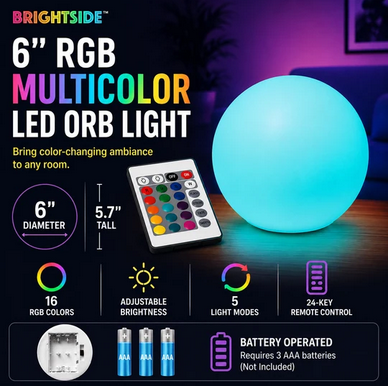 Brightside 6" RGB Multicolor LED Orb Light with Remote - Gallery 4