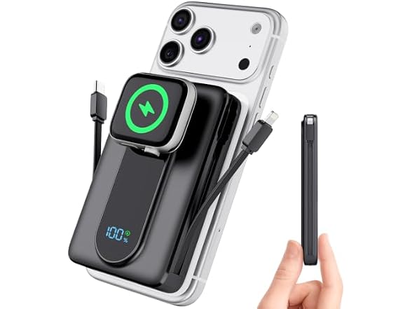 Magnetic Portable Charger 10000mAh, Power Bank with Built in Cable