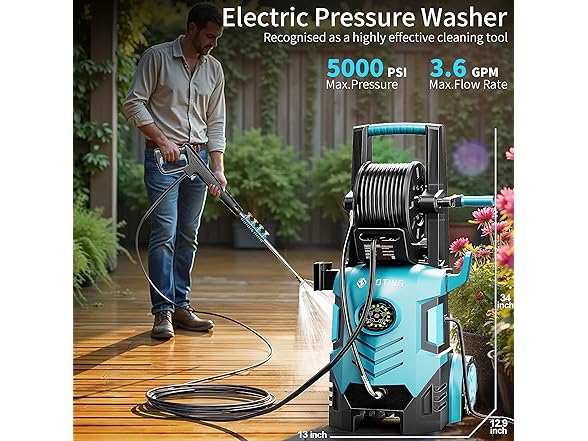 2026new Pressure Washer 5000PSI with Adj-8-Level Touch Screen, 34" Tall Power Washer, 4 Quick Connect Nozzles, Inlet Hose&Filter&500mlFoam Cannon for Cars/Fences/Driveways,Blue (Open Box)
