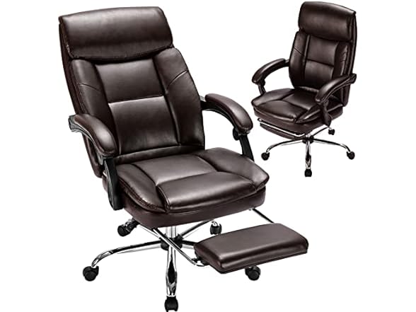 ZUNMOS Executive Office Ergonomic Big and Tall Leather Swivel Rolling Managerial Computer Desk Task, Adjustable High Back Recliner Chair with Padded Armrests and Retractable Footrest, Brown