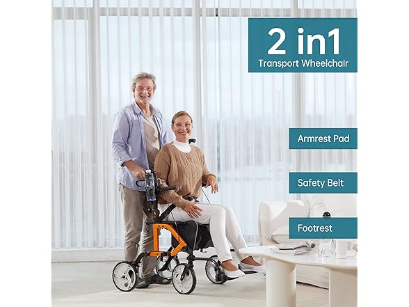 ELENKER 2 in 1 Rollator Walker & Transport Chair, Folding Wheelchair with 10” Non-Slip Wheels for Seniors, Reversible Backrest & Detachable Footrests, Orange (Open Box)