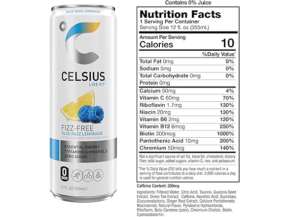 CELSIUS Fizz Free Blue Razz Lemonade, Sugar Free