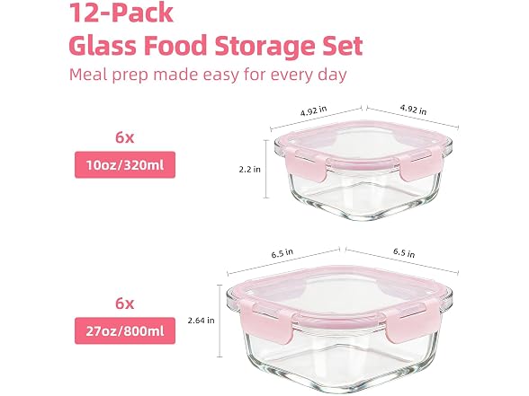 Konokyo Square Glass Containers, Meal Prep, 12 Pack