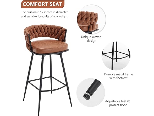 BV Counter Height Bar Stools Set of 2, 26 inch Seat Height Bar Stools, 180° Swivel Barstools with Woven Back and Footrest, Suede Fabric Counter Stools for Kitchen Island, Bar Pub (Open Box)
