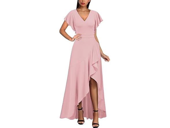 Miusol Women (M) Formal V Neck Ruffle Split Dress
