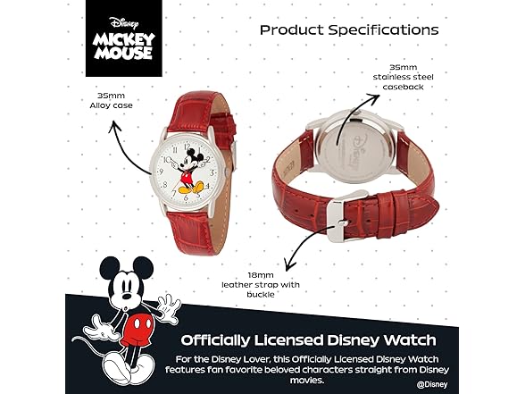 Disney Mickey Watch Mens Silver Red