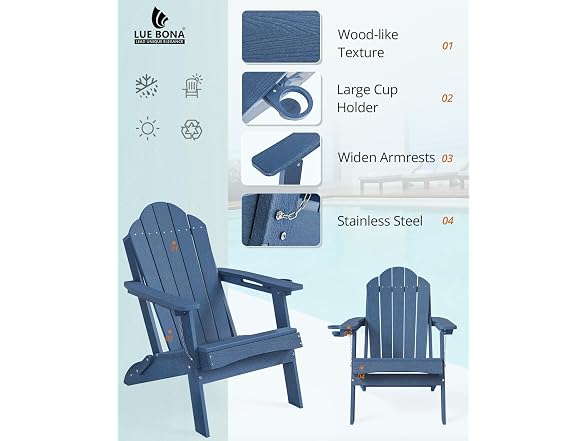 LUE BONA Set of 2 Blue Adirondack Chairs