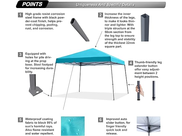 ABCCANOPY 10x10 Pop Up Canopy Tent, Slant Leg Outdoor Shade, Turquoise