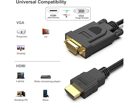 (5 PACK) HDMI to VGA 6FT Uni-Directional HDMI (Source) to VGA (Display) Cable (Male to Male)