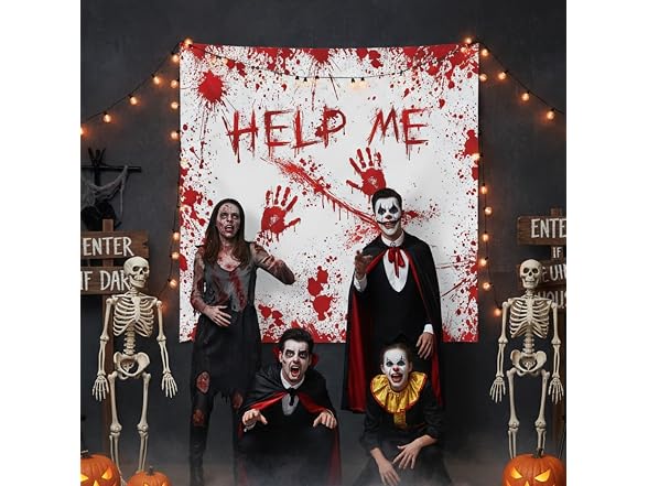 Fun Express 6 Ft. x 6 Ft. Halloween Horror Party Red & White Polyester Backdrop