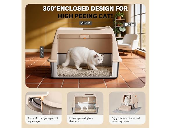 CatbruLop Stainless Steel Litter Box with Lid, Cream