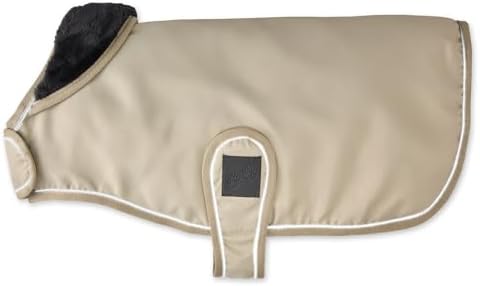 Pet Passion Dog Raincoat Faux Fur Trimmed Lined and Water Resistant Pet Jacket, Khaki, Small