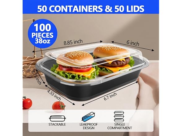 50 Pack (100-Piece) - 38oz Meal Prep Containers 