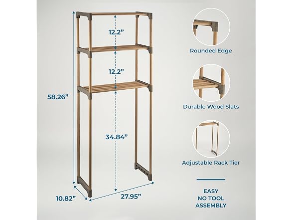 Over-the-Toilet Bathroom Storage Shelf, Wood, Natural, 3-Tier