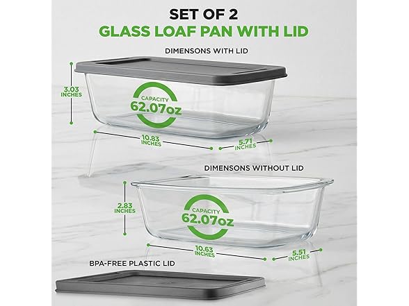 NutriChef 4 Piece Glass Loaf Pan Set with Lids 