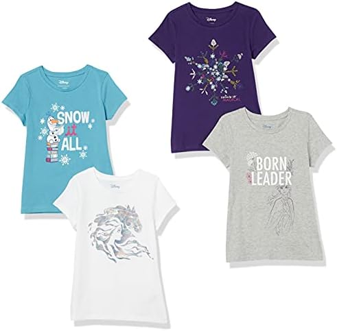 Amazon Essentials Disney | Marvel | Star Wars | Frozen | Princess Toddler Girls' Short-Sleeve T-Shirts, Pack of 4, Purple/Blue/Grey/Frozen 2 Born Leader, 4T