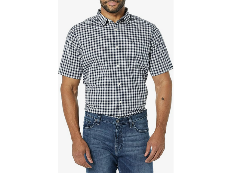 Amazon Essentials Men's Slim-Fit Short-Sleeve Poplin Shirt, Navy White Gingham, Medium