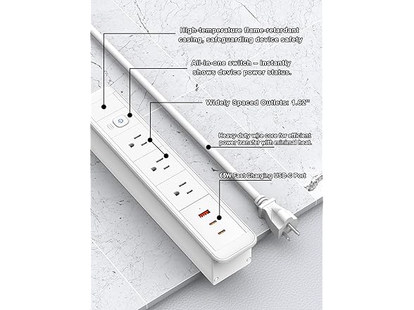 Recessed Power Strip USB C 65W Fast Charging Station