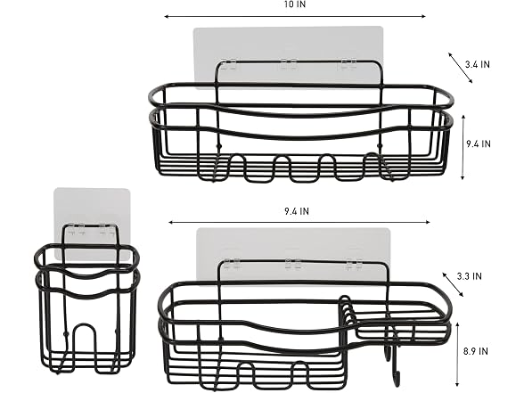Bath Bliss Ultimate 3 Piece Adhesive Shower Caddy Set Black