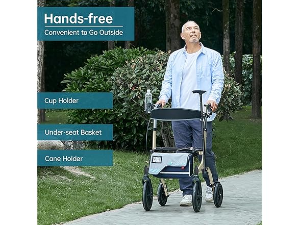 ELENKER All-Terrain Rollator Walker with Seat, Outdoor Rolling Walker, 12” Non-Pneumatic Tire Front Wheels, Compact Folding Design for Seniors, Champagne (Open Box)