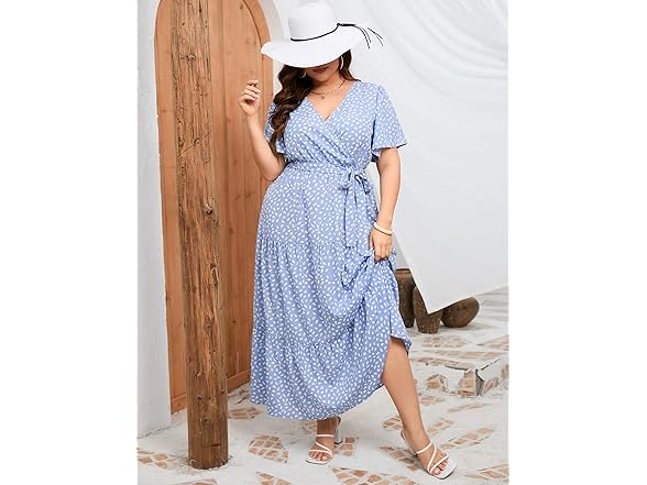 KOJOOIN Womens Wrap Maxi Dress Blue Dot (2XL)