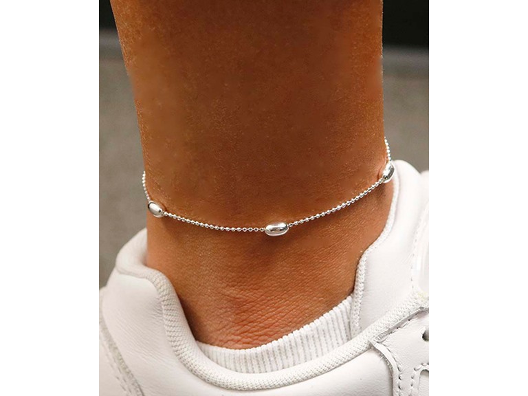 Italian 925 Sterling Silver 9 Inch Beaded Oval Bead Anklet