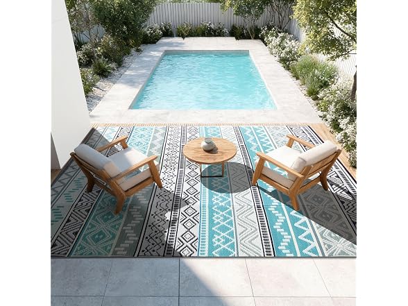 STRICKLANDHOME Outdoor Rug, Blue & Grey