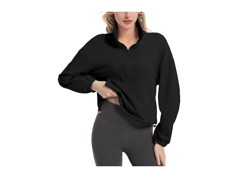 FKEEP Quarter Zip Pullover Women Cropped Sweatshirt Long Sleeve Crop Top Stand Collar Drawstring Casual Pullover Black