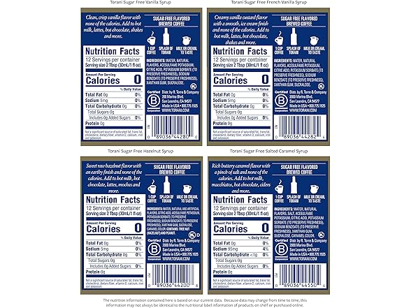 Torani Sugar Free Syrup, Coffeehouse Variety