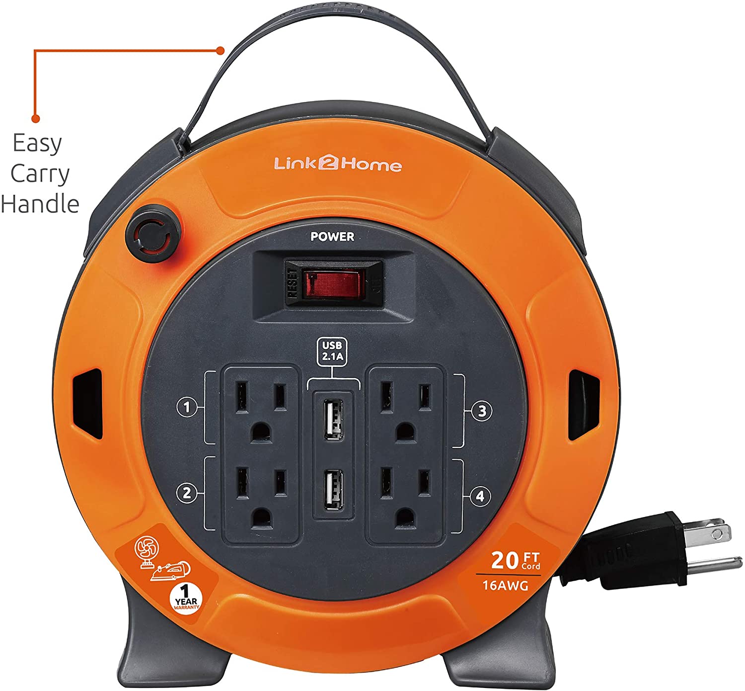 Link2Home 20' Extension Cord Reel with USB - Gallery 10